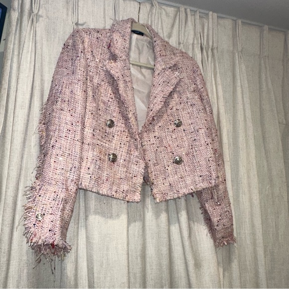 Aqua Tweed Double Breasted Cropped Blazer - Picture 4 of 10